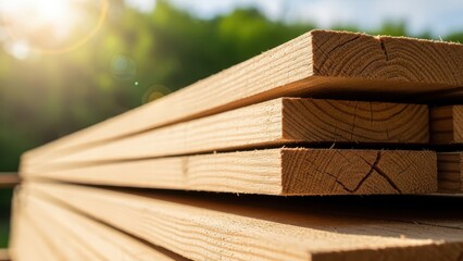 Wooden planks and timbers stacked in pile