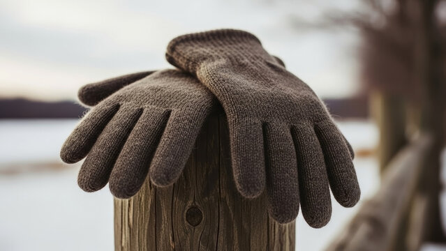 Cozy Knitted Gloves on Wooden Fence Post in Winter Landscape for Lifestyle Blogs, Outdoor Adventure Websites, Seasonal Decor, and Fashion Articles