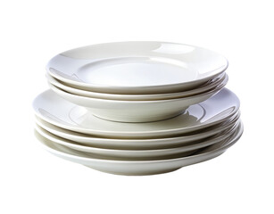Stack of white ceramic plates and bowls isolated on transparent background