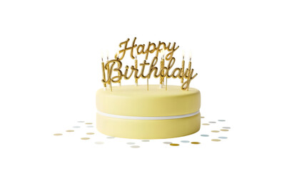 Celebrate with this elegant birthday cake topped with golden lettering and candles, creating a festive atmosphere perfect for party invitations and greeting cards