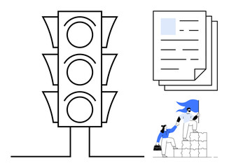 Business strategy, teamwork goals, workflow organization, prioritization, leadership, decision-making. Traffic light with blank signals, documents people climbing blocks. Workflow organization