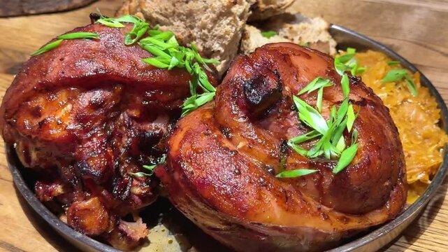 Tender pork knuckle, simmered in sous vide for over 17 hours, glazed to a golden crust, served with stewed cabbage, baked bread, and green onions