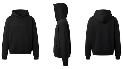 Plain black hooded sweatshirt shown from front, side, and back views