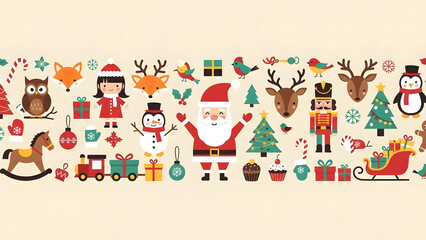 A festive collection of flat design Christmas icons including Santa, reindeer, and a snowman arranged in a seamless holiday pattern