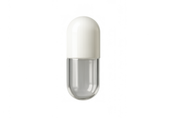 Empty clear capsule with white top, pharmaceutical drug, medical treatment, health supplement, vitamin, pharmacy concept, on transparent background