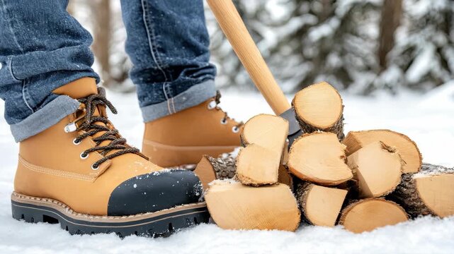 Person cuts wood in snow using an axe while wearing sturdy boots in a forest setting during winter