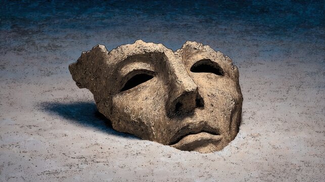 A face carved into the sand with a hole in the middle. The face is missing an eye and nose