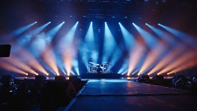 Video camera capturing empty concert stage with dramatic spotlights and haze effect