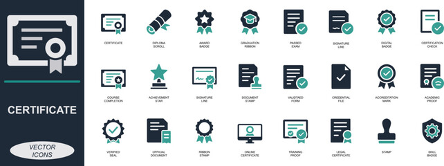 
Certificate icon set. Featuring diploma, badge, stamp, verified, achievement, training, and approval symbols. Perfect for UI, apps, e-learning, and documents.