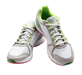 Pair of white and green running shoes isolated on transparent background