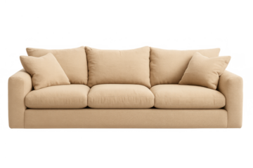 Comfortable beige three-seater sofa with throw pillows isolated on a transparent background, modern living room furniture furnishing