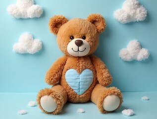 Obraz premium Cute teddy bear with blue heart and fluffy clouds