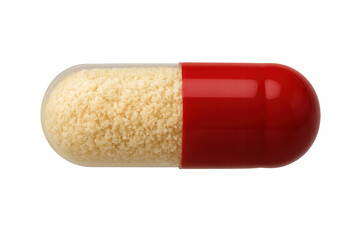 Red and transparent medical capsule with granular filling isolated on transparent background for pharmaceutical design