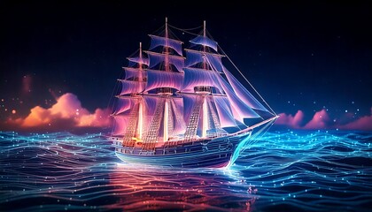 A majestic sailing ship with glowing neon sails navigates a shimmering, digital ocean under a dark, starry sky with vibrant clouds.
