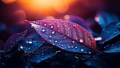 Vibrant purple leaf adorned with glistening water droplets under a warm, soft light, creating a serene and detailed natural scene.