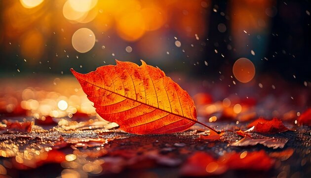 A vibrant orange and red autumn leaf rests on a wet, reflective surface with warm bokeh lights in the soft focus background.