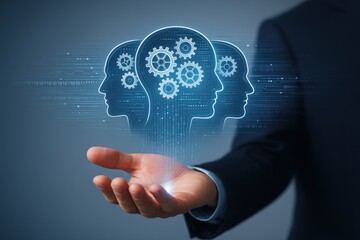 Fototapeta premium Business professional presenting innovative ideas with gears and heads graphic symbolizing creativity and technology. Concept of artificial intelligence, strategy, and collaboration.