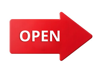 Red open sign arrow pointing right isolated on transparent background