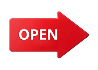 Red open sign arrow pointing right isolated on transparent background