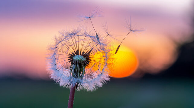 A delicate dandelion seed head against a vibrant sunset sky - Powered by Adobe