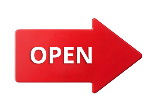 Red open sign arrow pointing right isolated on transparent background