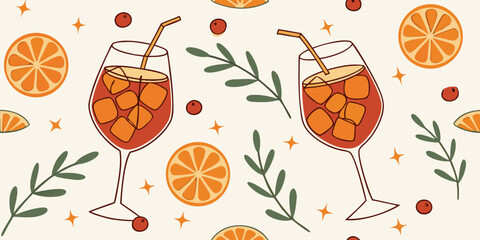 A vibrant illustration of a refreshing iced drink with orange slices and ice cubes, accompanied by green leaves and decorative stars on a light background