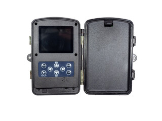 Programming and setting up a hunters camera. Animal trail photo trap in an open way. Video and photo capabilities with a wildlife camera