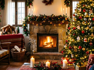 fireplace with christmas decorations