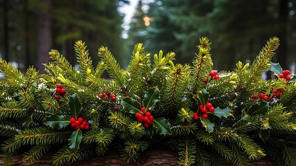 Christmas garland of pine branches and holly with red berries image