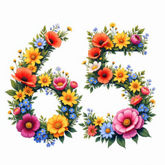 The number 65 is creatively formed with colorful flowers and lush greenery, making it a lovely birthday illustration on a clean white background.