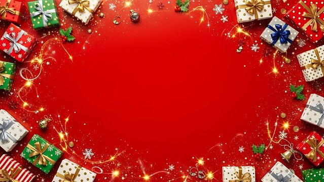 Christmas presents and festive lights on red background gifts - Powered by Adobe