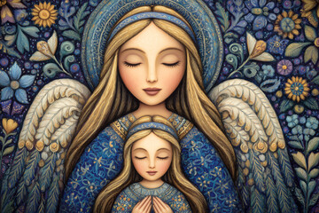 Obraz premium Guardian Angel Protecting Blonde Caucasian Girl Praying, Textured Folk Art Illustration 