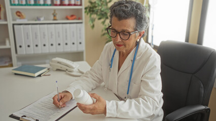 Senior woman doctor with grey hair writing in a clinic office, examining medication bottle with focus and care, surrounded by office supplies and medical equipment.