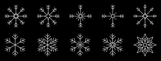 White snowflake line icons for winter and Christmas decoration. Snow flakes vector icon set includes geometric ice crystal shapes for decor, festive branding, holiday design projects, prints(Isolated)