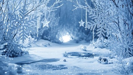Frosted winter scene with hanging snowflakes and stars image