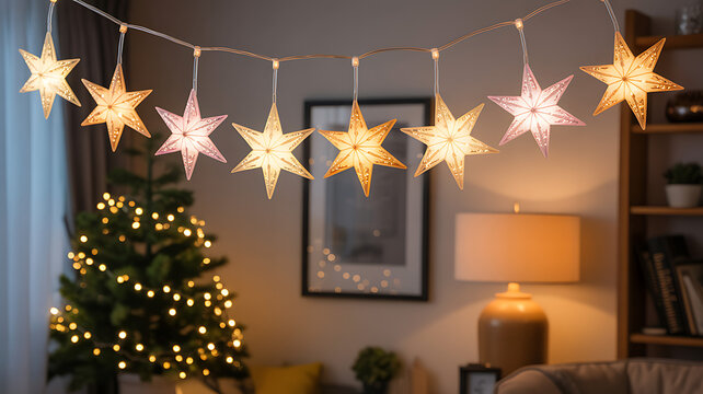 Christmas Star String Lights with Decorated Tree and Cozy Interior decoration - Powered by Adobe