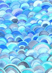 Fototapeta premium Vertical border.Watercolor turquoise and blue waves of different sizes.Geometric background.Marine abstraction for your design.Ocean Inspired Graphic Design.Wave Texture Background