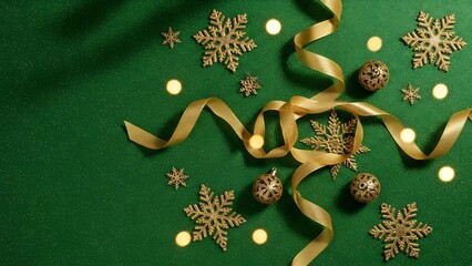 Gold snowflakes and ribbon on textured green background with bokeh lights christmas holiday