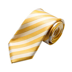 Elegant yellow and white striped necktie rolled up isolated on transparent background