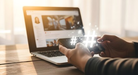 Person using smartphone and laptop with glowing digital effects.