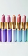Obraz premium Elegant Pastel Spectrum of Beauty Supplies Featuring Delicate Color Lipsticks for Artistic Glamour