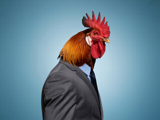 Rooster head businessman looking confident in a suit, embodying early bird gets the worm and business success, symbolizing leadership and unique strategy