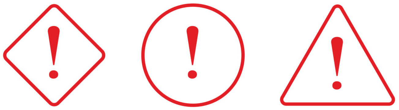 Red Warning and Danger Sign Set, Attention Exclamation Mark Symbols in Triangle, Circle, and Rhombus Shapes