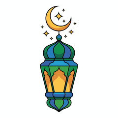 Ornate crescent moon with islamic geometric pattern and two hanging lanterns, symbolizing ramadan kareem, eid al-fitr, and middle eastern celebration.