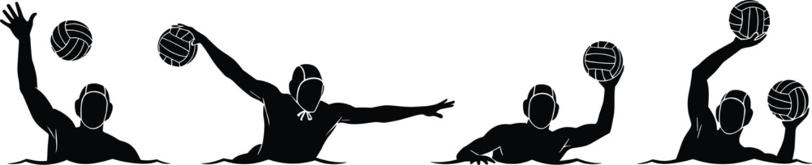 Water Polo Player Action Silhouette Set: Dynamic Vector Illustration of Athletes Throwing and Catching Balls in the Water, Representing Aquatic Sports and Team Competition.