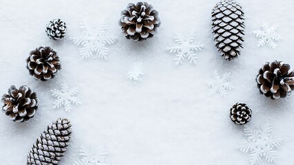 Pinecones and snowflakes scattered on a white snowy background winter christmas
