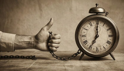 Male hand chained to a vintage alarm clock showing thumbs up gesture representing deadline pressure against a textured sepia background with copy space