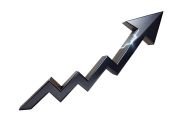 Metallic arrow pointing upward with lightning effect isolated on transparent background