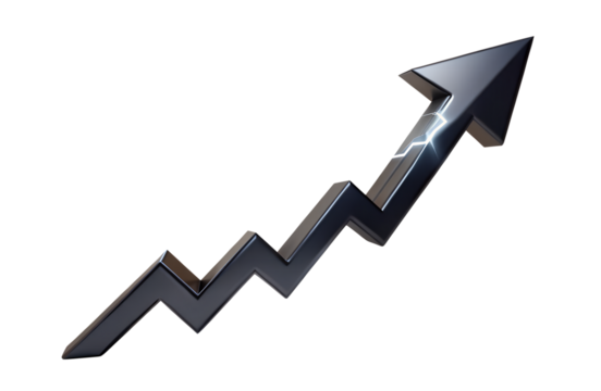 Metallic arrow pointing upward with lightning effect isolated on transparent background