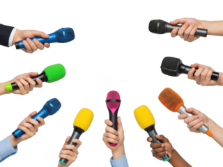 Many hands holding colorful microphone for interview isolated on transparent background